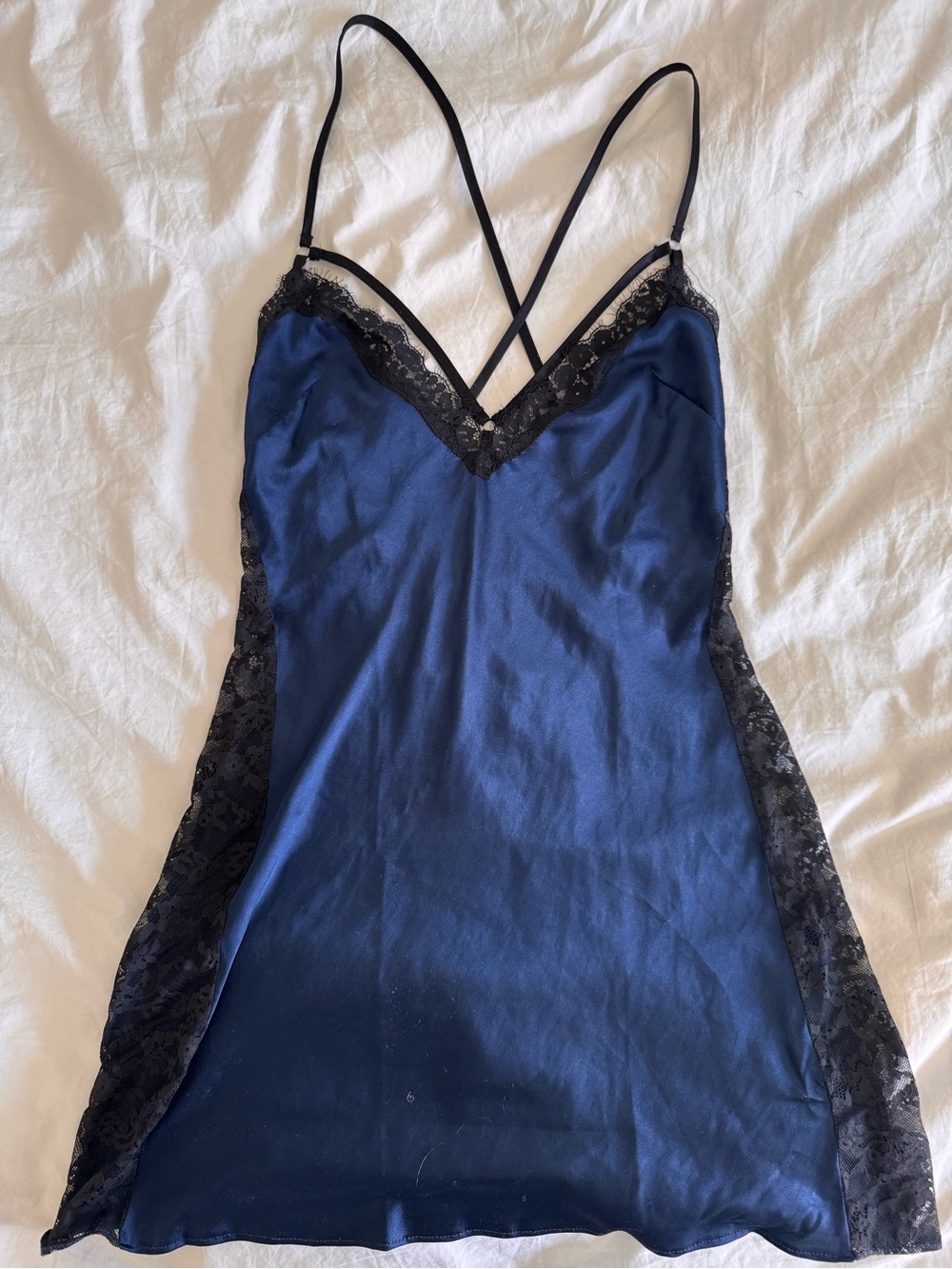 Victoria’s Secret Navy Blue Lace-Trim Satin Slip Dress
